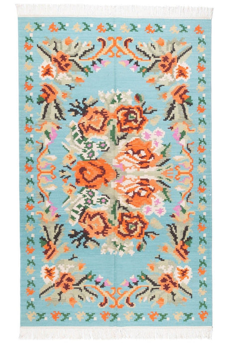 #Turkish_Carpets_Rugs# #Modern_Carpets# #Abrash_Carpets#Floral-Kilim-7242-Turquoise-002-140X200