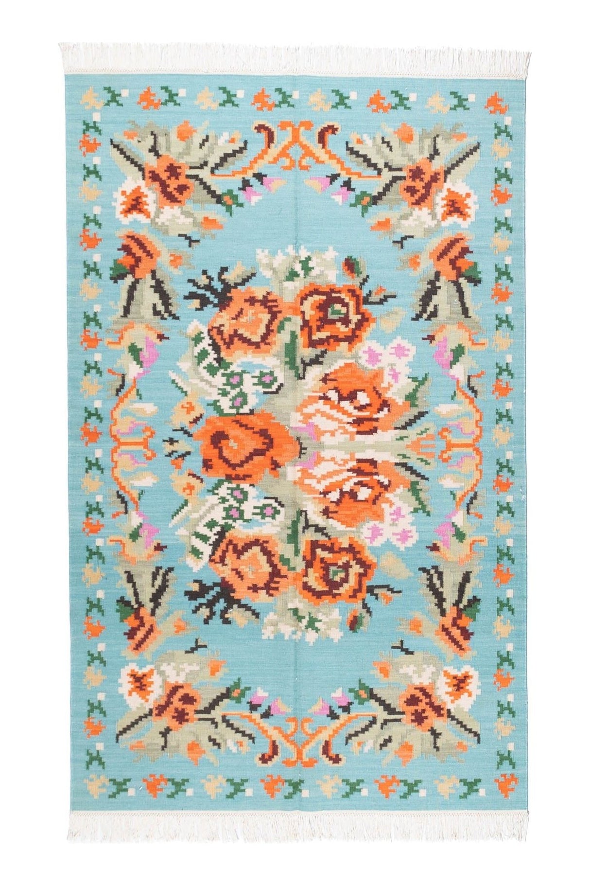 #Turkish_Carpets_Rugs# #Modern_Carpets# #Abrash_Carpets#Floral-Kilim-7242-Turquoise-140X200