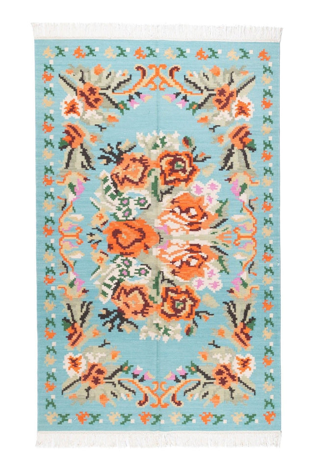 #Turkish_Carpets_Rugs# #Modern_Carpets# #Abrash_Carpets#Floral-Kilim-7242-Turquoise-140X200