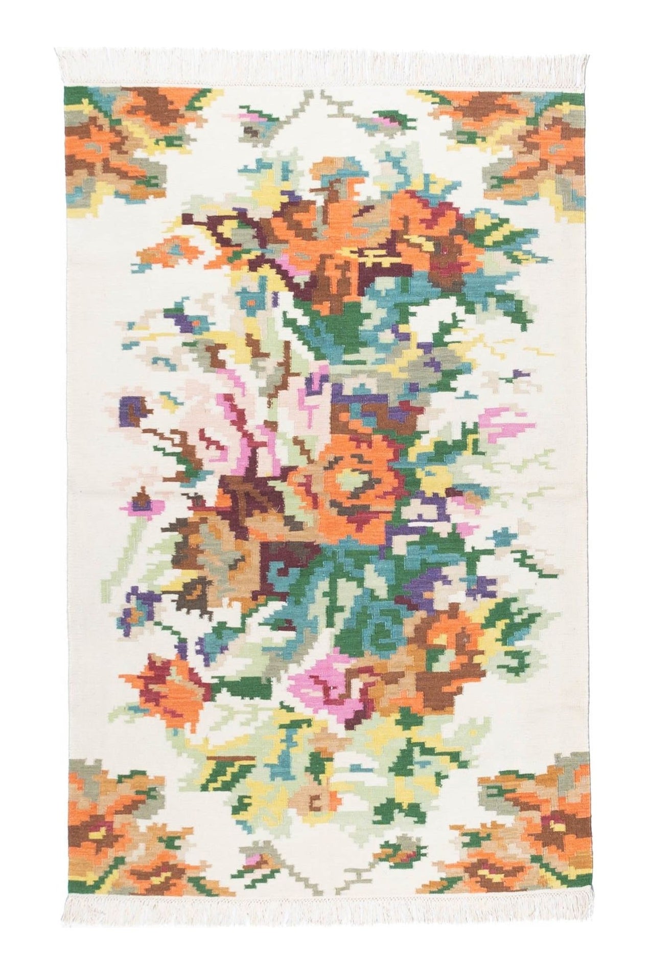 #Turkish_Carpets_Rugs# #Modern_Carpets# #Abrash_Carpets#Floral-Kilim-7244-White-120X180